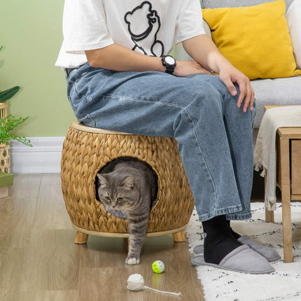 PAWROOM - Rattan Cat Cave & Bed - 2-in-1 with pillow, 44x43x42cm