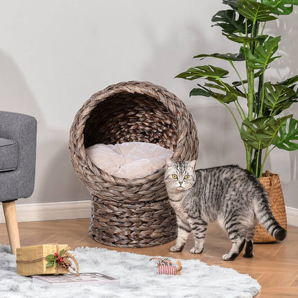 PAWROOM - Rattan Cat Cave Bed, dark brown, water hyacinth, with pillow