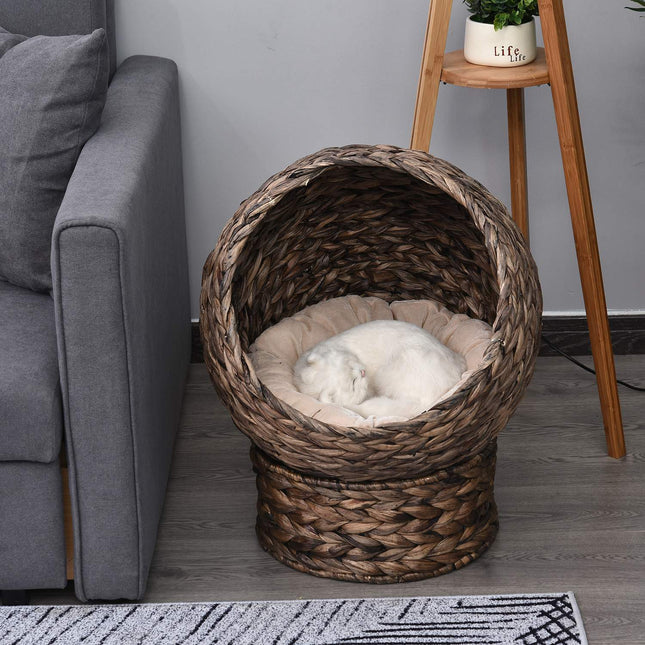 PAWROOM - Kattkoja i vattenhyacint, mörkbrun/beige, 50×42×60 cm
