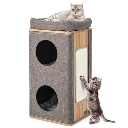 PAWROOM - Kattkoja med 3 nivåer och klösbräda, natur/grå, 38×38×77,5 cm