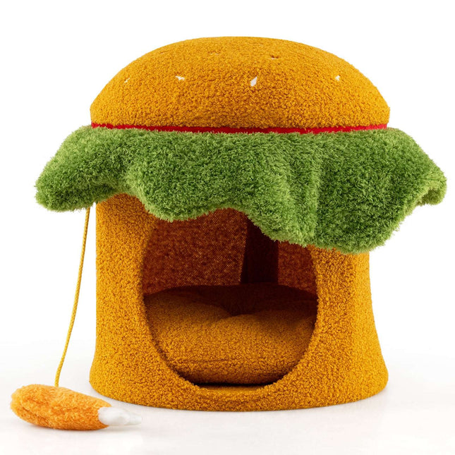 PAWROOM - Cat Bed Cave, Hamburger Shape, Plush Cushion, Orange