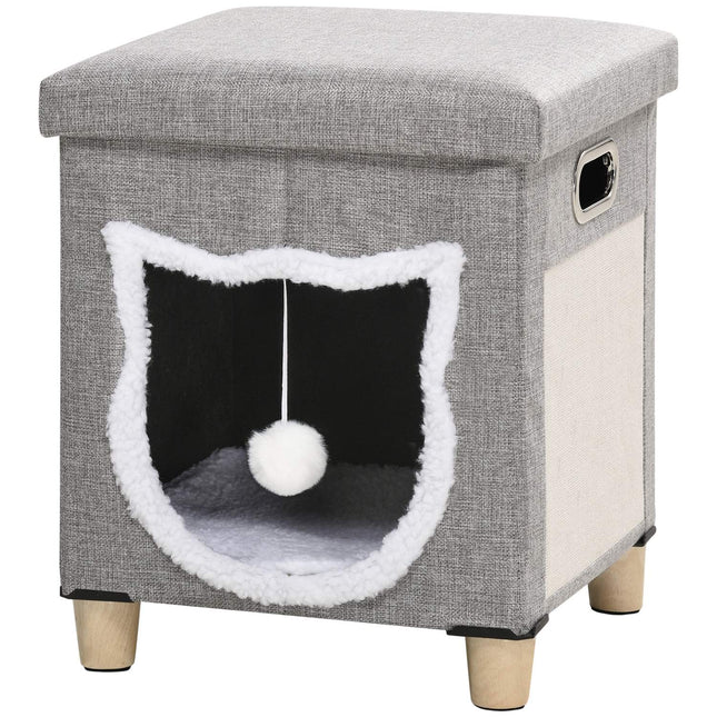 PAWROOM - Kattkoja med klösbräda, cremevit/grå, 35,5×35,5×42,5 cm