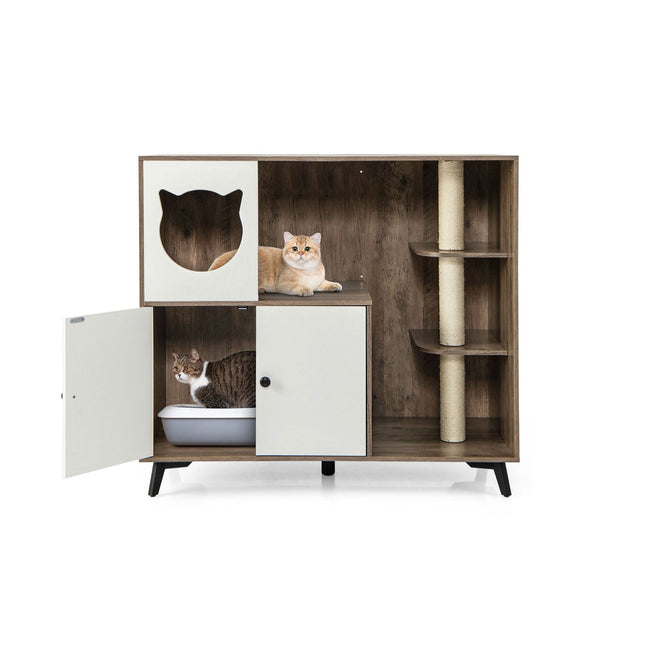 PAWROOM - Cat Litter Cabinet with 3 Sisal Scratching Posts, Gray/White