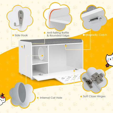 PAWROOM - Cat Litter Box Enclosure Bench With Cushion, Front Door, White