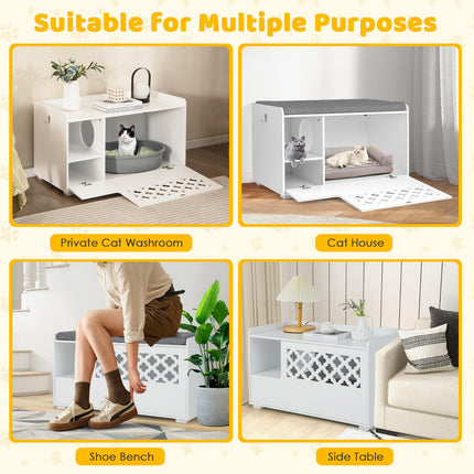 PAWROOM - Cat Litter Box Enclosure Bench With Cushion, Front Door, White