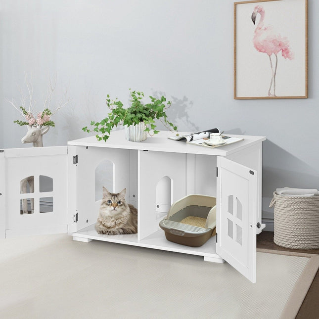 PAWROOM - Litter Box Enclosure Cat House with Double Doors and Windows Decorative Litter Box