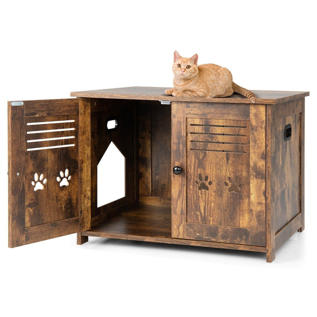 PAWROOM - Kattlådemöbel med dubbla dörrar, rustik brun, 70×52×51 cm