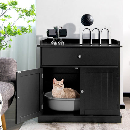 PAWROOM - Kattlådemöbel med sidobordsfunktion och dubbla dörrar, svart