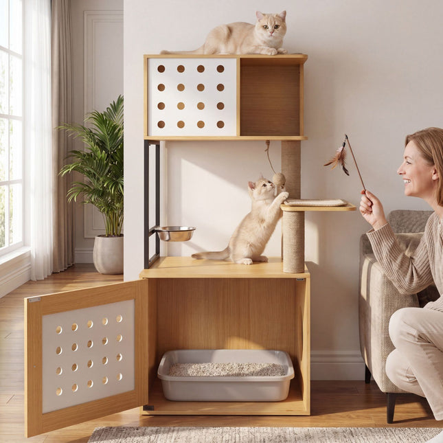 PAWROOM - Cat Tree With Hidden Litter Box And Feeding Bowl, 117.5 cm