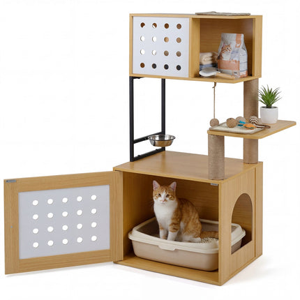 PAWROOM - Cat Tree With Hidden Litter Box And Feeding Bowl, 117.5 cm