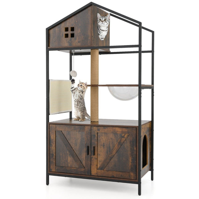 PAWROOM - Cat Tree with Hidden Litter Box Cabinet, Brown, Multi-Functional