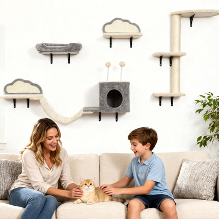 PAWROOM - Wall-Mounted Cat Tree Set, Sisal, 4 Pieces, Beige
