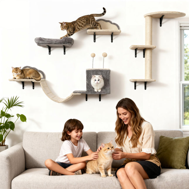 PAWROOM - Kattmöbel för vägg i 4 delar med liggplattform, beige/grå