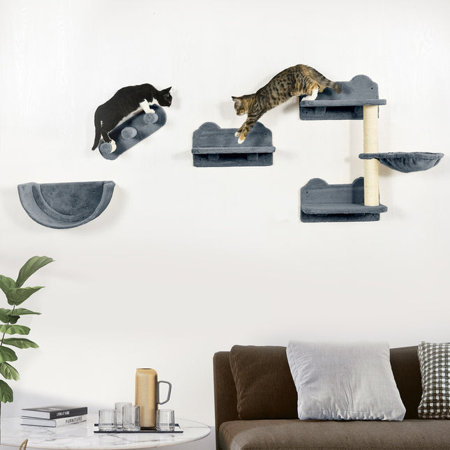 PAWROOM - Kattmöbel för vägg i 4 delar med sisal och liggplattform, grå