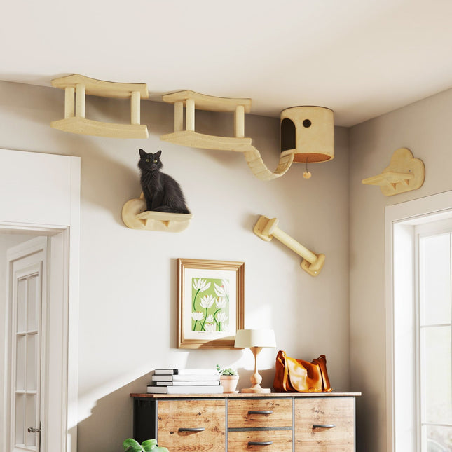 PAWROOM - Kattmöbel för vägg i 5 delar med liggplattform, beige/cremevit