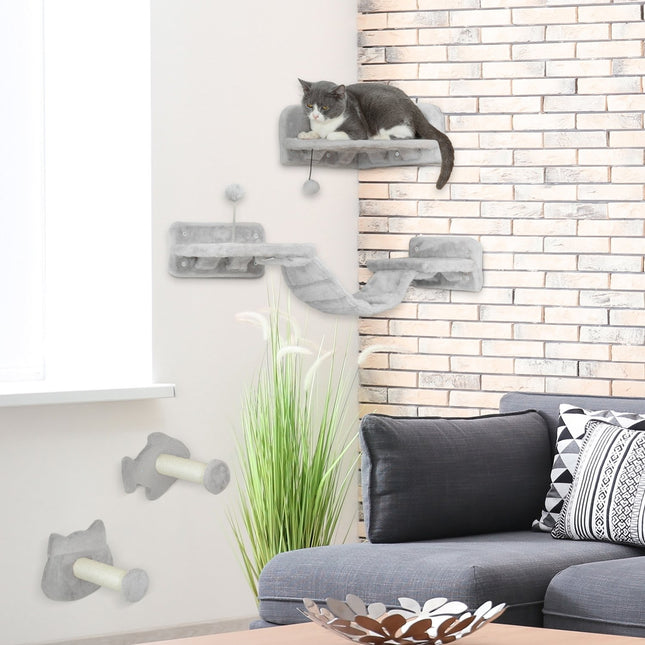 PAWROOM - Kattmöbel för vägg med sisal och liggplattform, ljusgrå