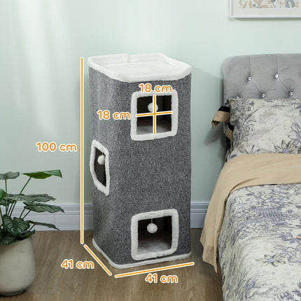 PAWROOM - Cat Tower with 3 Caves, Gray, Chipboard, Play Balls