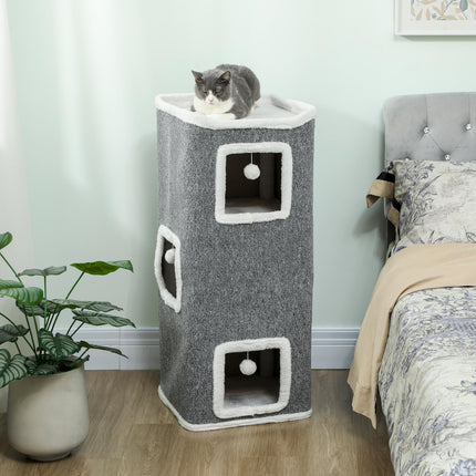 PAWROOM - Cat Tower with 3 Caves, Gray, Chipboard, Play Balls