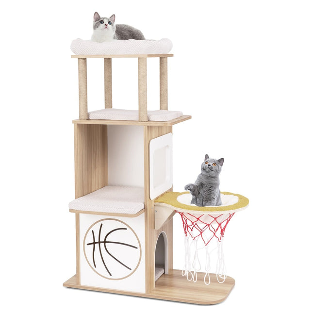 PAWROOM - Wooden Scratching Post 120cm Sports Theme Climbing Tower with 2-Tier Cat House Natural