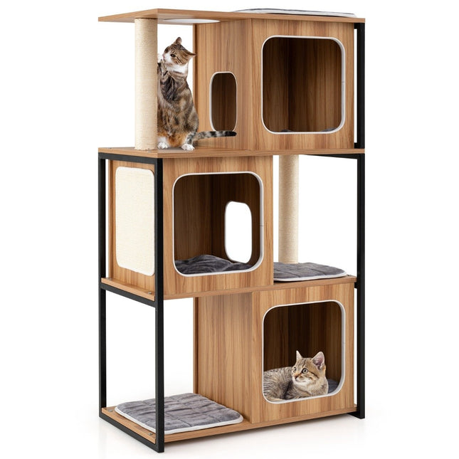 PAWROOM - 2 in 1 scratching post cat house 3 tier cat tree with removable cushions & cat cave