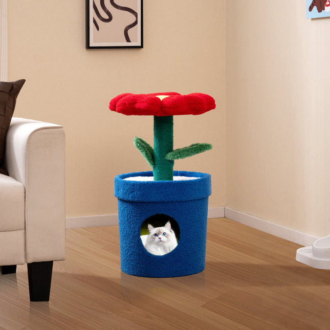 PAWROOM - Klösträd med blomform, jute och liggplattform, röd, 72 cm