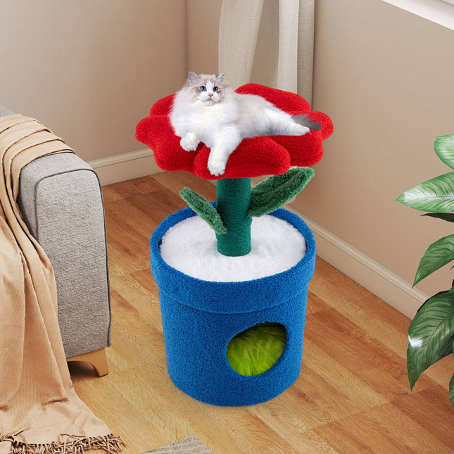 PAWROOM - Klösträd med blomform, jute och liggplattform, röd, 72 cm