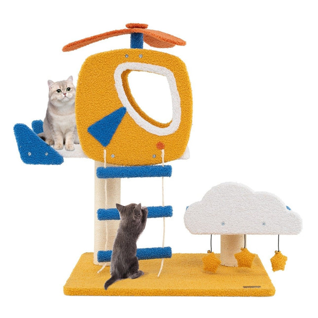 PAWROOM - Klösträd med helikopterplattform och sisal, blå/vit/gul, 76 cm