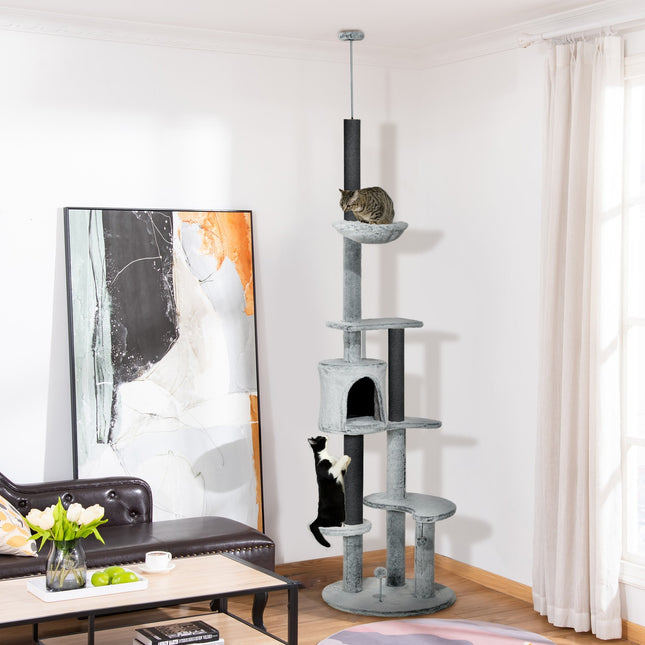 PAWROOM - Klösträd med hängmatta och liggplattform, grå, Ø60×225–255 cm