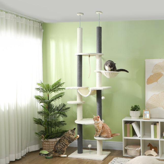 PAWROOM - Klösträd med hängmatta och liggplattform, vit/grå, 225–255 cm