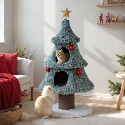 PAWROOM - Klösträd med juldesign, jute och leksak, grön/vit/brun