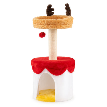 PAWROOM - Klösträd med juldesign och liggplattform, vit/röd/gul, 80 cm