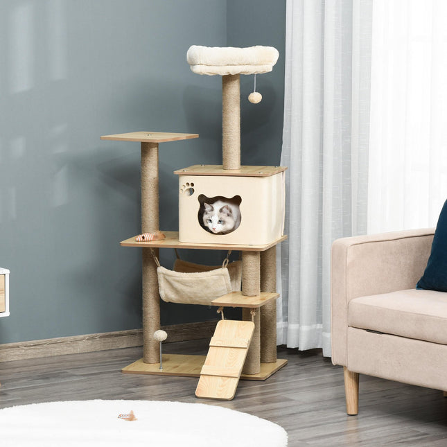 PAWROOM - Klösträd med jute, hängmatta och liggplattform, gul, 130 cm