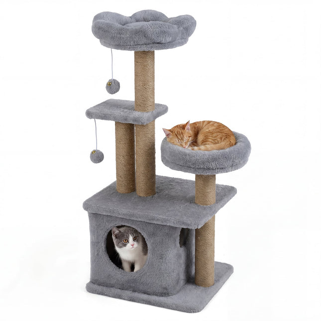 PAWROOM - Klösträd med jute, koja och liggplattform, grå, 96 cm