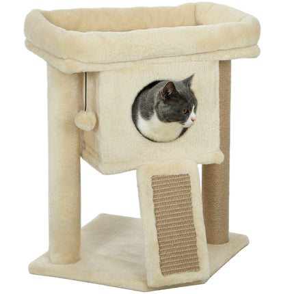 PAWROOM - Cat Tree with Jute Scratching Mat, Bed, Toy Ball, Beige