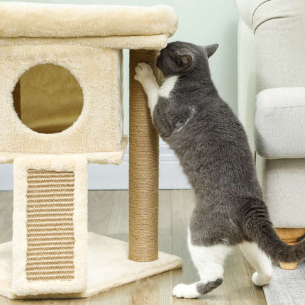PAWROOM - Cat Tree with Jute Scratching Mat, Bed, Toy Ball, Beige
