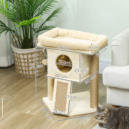PAWROOM - Cat Tree with Jute Scratching Mat, Bed, Toy Ball, Beige
