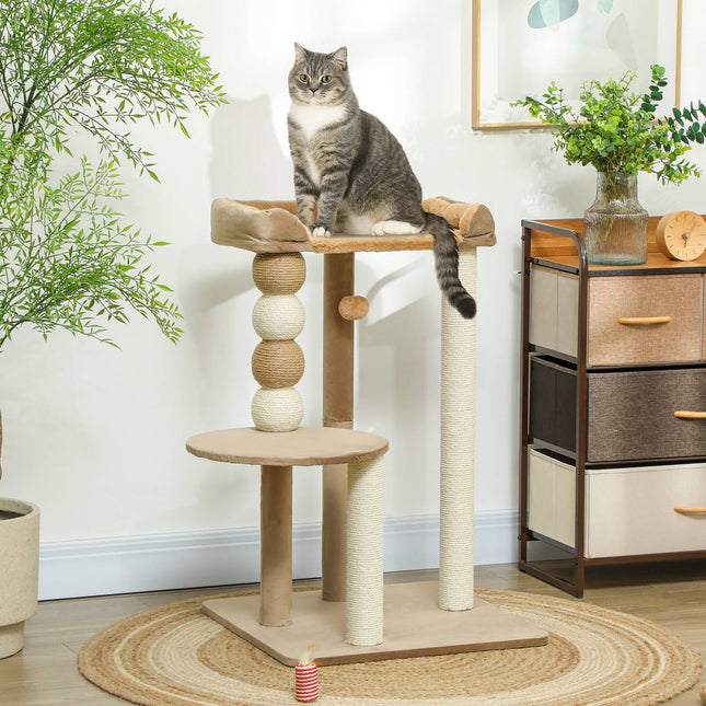 PAWROOM - Klösträd med jute, liggplattform och leksak, brun, 86 cm