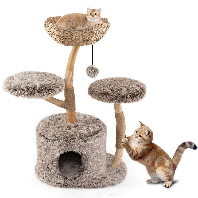 PAWROOM - Cat Tree with Cave, 105cm, Birch Wood, Plush Platforms