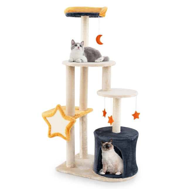 PAWROOM - Klösträd med liggplattform, beige/mörkgrå/orange, 128 cm