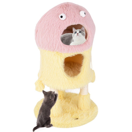 PAWROOM - Small scratching post 93cm high monster theme cat tree with 2 cat caves pink + yellow