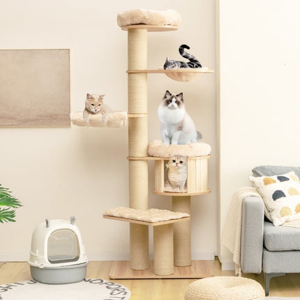 PAWROOM - 191 cm Wooden Cat Tree with Hammock & Cave