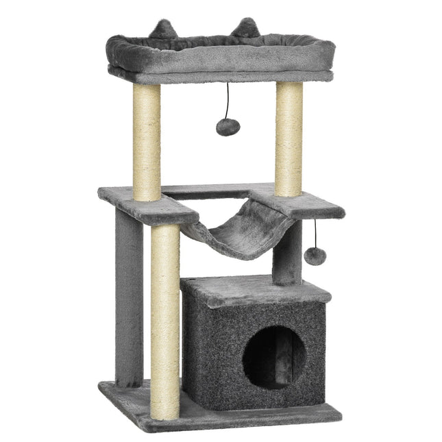 PAWROOM - Klösträd med sisal, hängmatta och liggplattform, grå, 90 cm