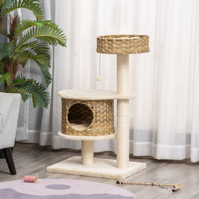 PAWROOM - Klösträd med sisal, koja och leksak, natur/beige, 95 cm