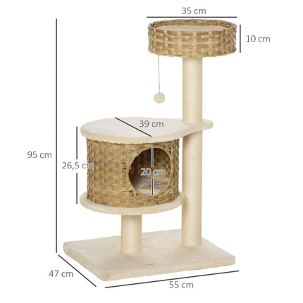 PAWROOM - Cat tree with caves and sisal posts, natural rattan, 95 cm