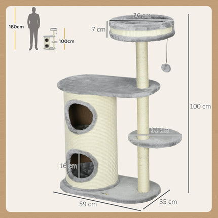 PAWROOM - Klösträd med sisal, koja och liggplattform, grå, 100 cm