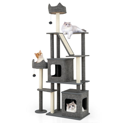PAWROOM - Cat Tree with Sisal Posts, Ladder & 2 Caves, 180 cm Gray