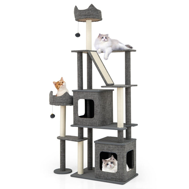 PAWROOM - Cat Tree with Sisal Posts, Ladder & 2 Caves, 180 cm Gray