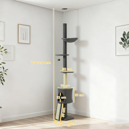 PAWROOM - Klösträd med sisal och hängmatta, mörkgrå/cremevit, 220–240 cm