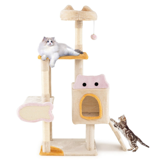 PAWROOM - Cat Tree with Fish-Shaped Scratcher, Sisal Posts, Plush Cave