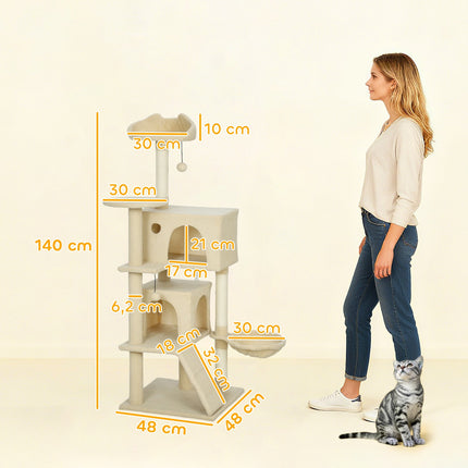 PAWROOM - Cat Tree Tower with Hammock, Ladder, Cave, 140 cm, Beige